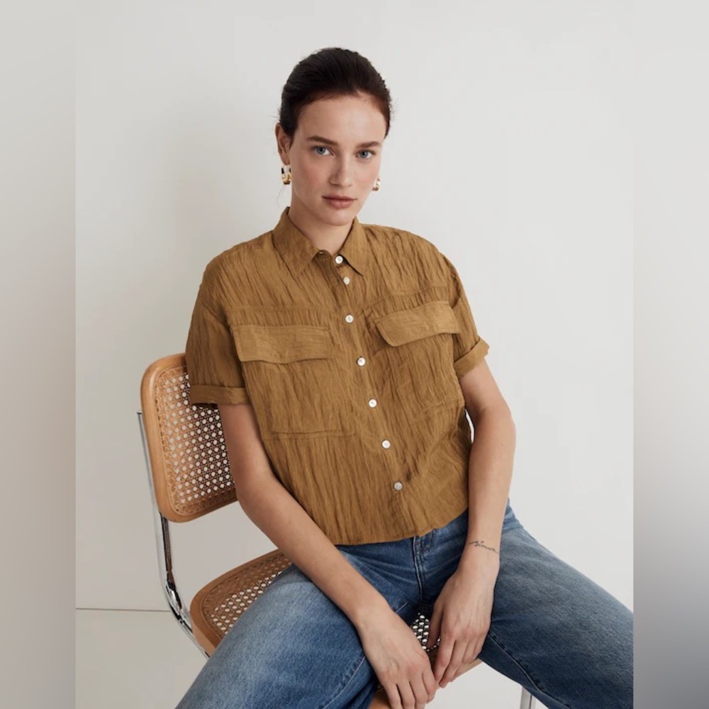 Madewell crinkled utility shirt in spiced olive oil